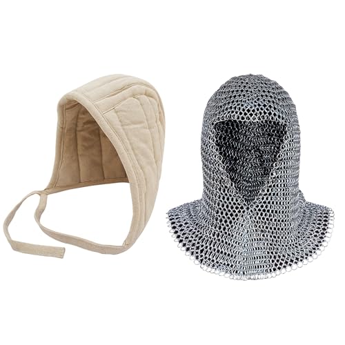 Lord of Battles Packung mit Kettenhemd und gepolsterter Bewaffnungskappe, mittelalterliche Kettenhaube mit gesteppter Canvas-Baumwoll-Armingskappe, Silber, 6-7 von Lord of Battles