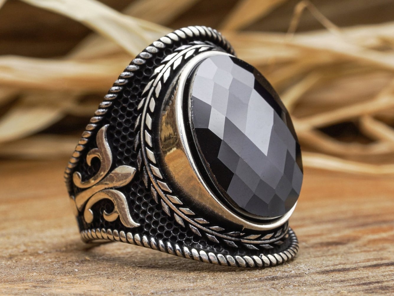 Fleur De Lise Onyx Ring/Schwarzer Herren Gemusterter Special Design Silber Geschenk Für Ihn Geburtstagsgeschenk von LordenSilver