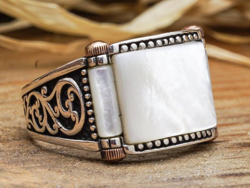 Perle Handgemacht Herren Ehering/Perlmutt Edelstein Ring Weißer Männer Herrenschmuck Weiße Edelsteine Geschenk Schenke Mir von LordenSilver