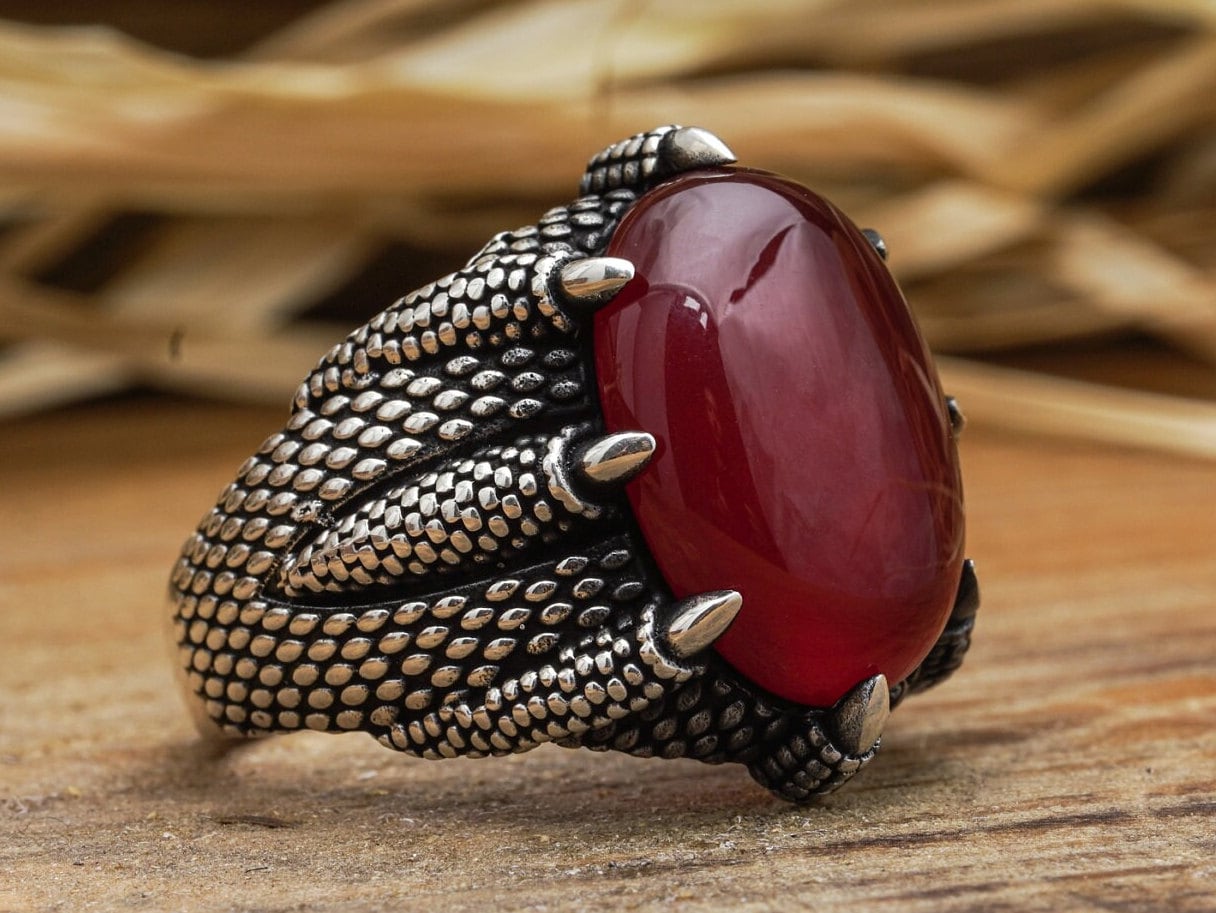 Roter Achat Ring/Monster Kralle Silber Herren Statement Moderner Design Geschenk Für Viel Glück Männer von LordenSilver