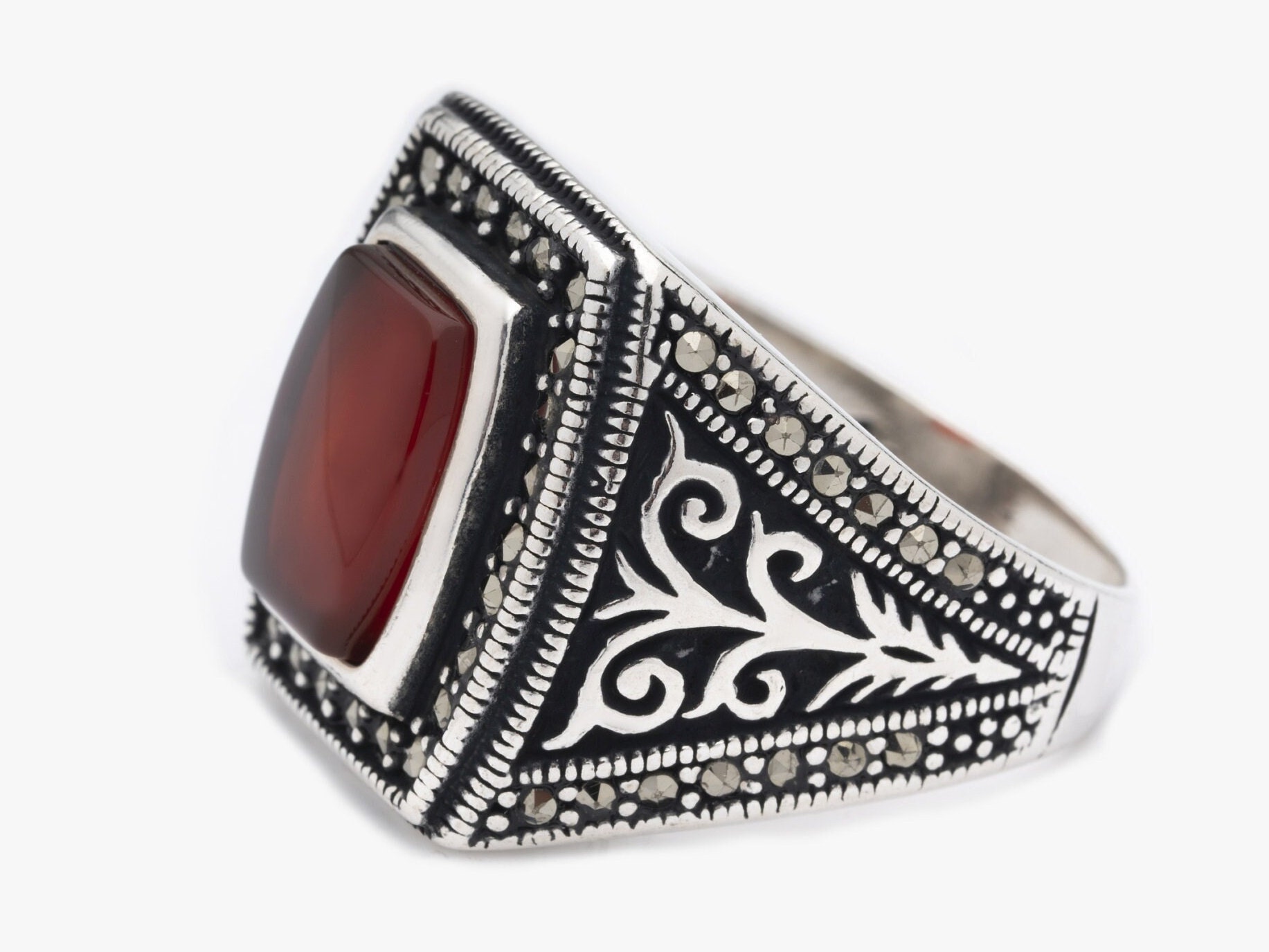 Roter Achat Ring/Multi Marcasite Stein Schmuck Moderner Design Herren Statement Silber Geschenk Für Glück von LordenSilver