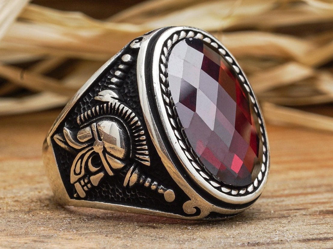 Roter Granat Ring/Rom Helm Silberring Stein Herren Silber Schmuck Geschenk Für Ihn Mann von LordenSilver