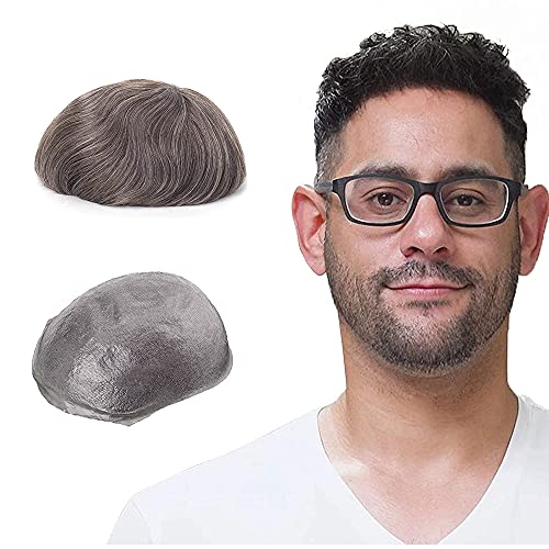 Lordhair Perücke Männer,Realität Toupet,0,06 mm Alle V-Looped Dünnes,Haarfreestyle,Natürlich eng anliegend, Elegant und Schön (Mittlere Rindebraun 4#+40% Graue Haare) von Lordhair