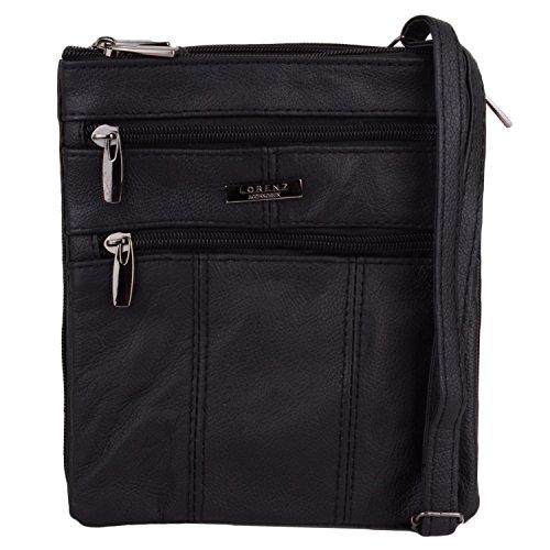 Damenumhängetasche, -schultertasche Leder mit drei getrennten Reißverschlußfächern (Schwarz) von Lorenz