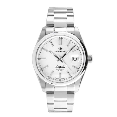 Lorenz Acapulco 090018AA Klassische Herrenuhr mit automatischem Uhrwerk Swiss Made - Armband aus Edelstahl - Sub 100 Meter, Weiß, Modern von Lorenz