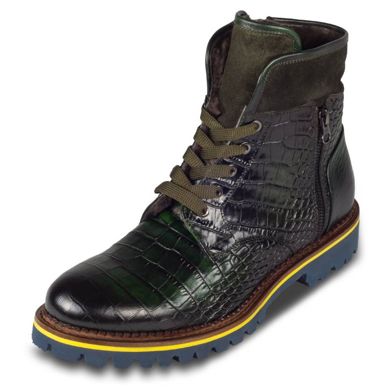 Lorenzi Lorenzi Herren Schnür-Boots grün, Lammfell, Leder Reptil-Prägung Stiefelette Handgefertigt in Italien von Lorenzi
