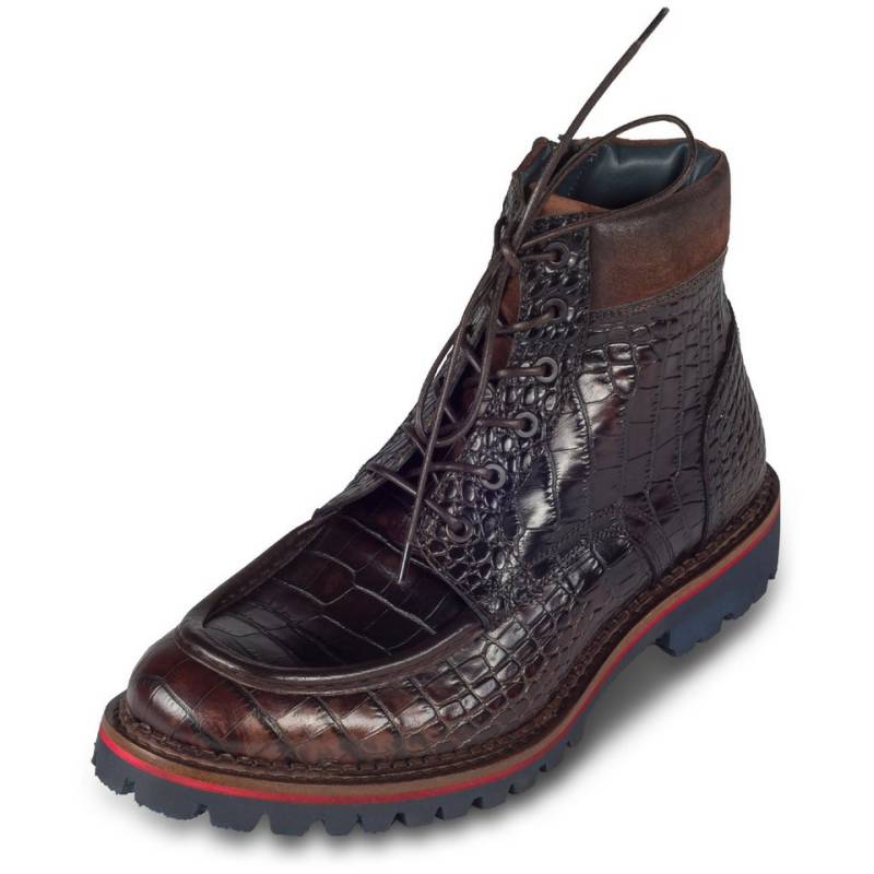 Lorenzi Lorenzi Herren Schnürstiefel braun, Leder Krokoprägung, Reißverschluß Stiefel Handgefertigt in Italien von Lorenzi