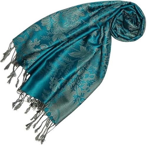 LORENZO CANA Designer Damen Pashmina hochwertiger Markenschal floral gewebtes Blumen Muster Damast Webart 70 cm x 180 cm Modal Schaltuch Schal Tuch Jacquard Damenschal türkis 93233 von Lorenzo Cana