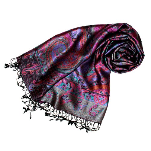 LORENZO CANA Luxus Pashmina Damenschal Schaltuch jacquard gewebt 100% Seide 70 cm x 190 cm Paisley Muster Seidenschal Seidentuch Seidenpashmina harmonische Farben, Violett, 70 x 200 cm von Lorenzo Cana