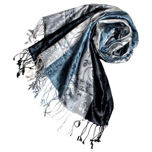 Lorenzo Cana Damen Pashmina 100% Seide Schal Schaltuch gewebt 70 cm x 190 cm Paisley silber blau Seidenschal Seidentuch 78052 von Lorenzo Cana