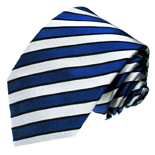 Lorenzo Cana - Krawatte 100% Seide - Handgefertigte Seidenkrawatte - blau weiß silber schwarz gestreift Streifen - 77070 von Lorenzo Cana