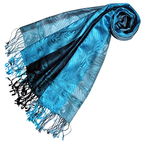 Lorenzo Cana Luxus Pashmina Damenschal Schaltuch jacquardgewebt 100% Seide 70 cm x 190 cm Paisleymuster tuerkis blau Seidenschal Seidentuch Seidenpashmina harmonische Farben 78174 von Lorenzo Cana