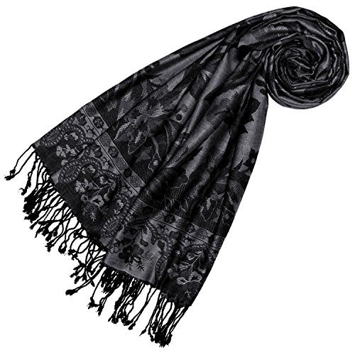 Lorenzo Cana Marken Pashmina Damen Schal Schaltuch Stola Umschlagtuch Naturfaser opulentes Muster in harmonischen Farben mit Fransen schwarz grau 70 cm x 200 cm 78330 von Lorenzo Cana