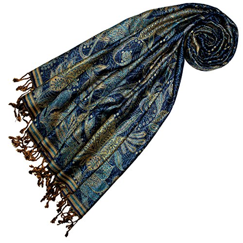 Lorenzo Cana Markenpashmina - blau schwarzer Schal, Schaltuch Stola Umschlagtuch Naturfaser opulentes Muster in harmonischen Farben mit Fransen 70 x 200 cm 78439 von Lorenzo Cana