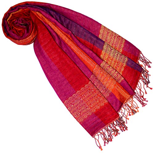 Lorenzo Cana Pashmina Schaltuch 70 x 180 cm Baumwolle Damenschal Wolle Stola mehrfarbig bunt Naturfaser Schal Naturfaser Markenschal Fransen gewebt, Orange-pink-lila, 70 x 180 cm von Lorenzo Cana