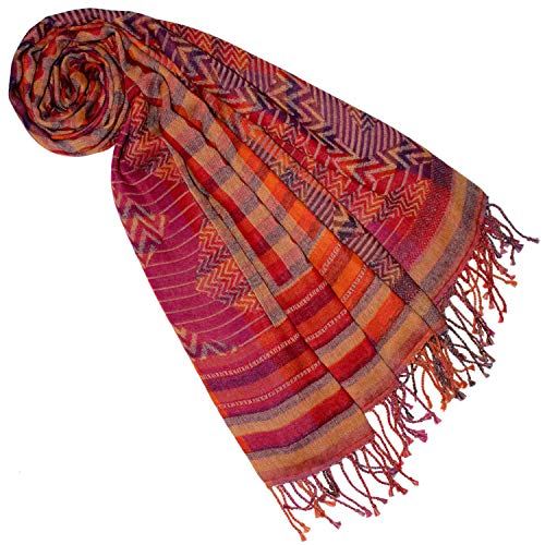 Lorenzo Cana Pashmina Schaltuch 70 x 180 cm Baumwolle Damenschal Wolle Stola mehrfarbig bunt Naturfaser Schal Naturfaser Markenschal Fransen gewebt, Pink-orange-gelb, 70 x 180 cm von Lorenzo Cana