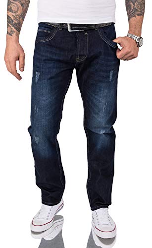 Lorenzo Loren Herren Jeanshose Dunkelblau Herren Jeans Used-Look Straight-Cut [RC-2066 - Blau - W33 L34] von Lorenzo Loren