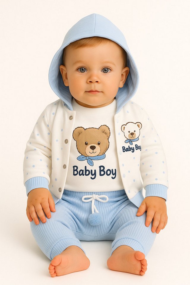 Lorey Medtec Neugeborenen-Geschenkset Jungen Outfit, 3er Set, Langarmshirt, Weste, Hose, 100% Baumwolle (Jacke mit Kapuze + Langarmbody + Hose) von Lorey Medtec