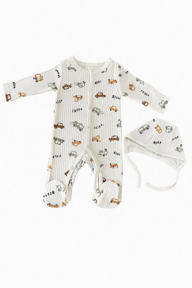Lorey Medtec Strampler Baby Jungen Strampler mit Fuß + Mütze, Weiß, Autos, 100% Baumwolle (Strampler + Mütze) von Lorey Medtec