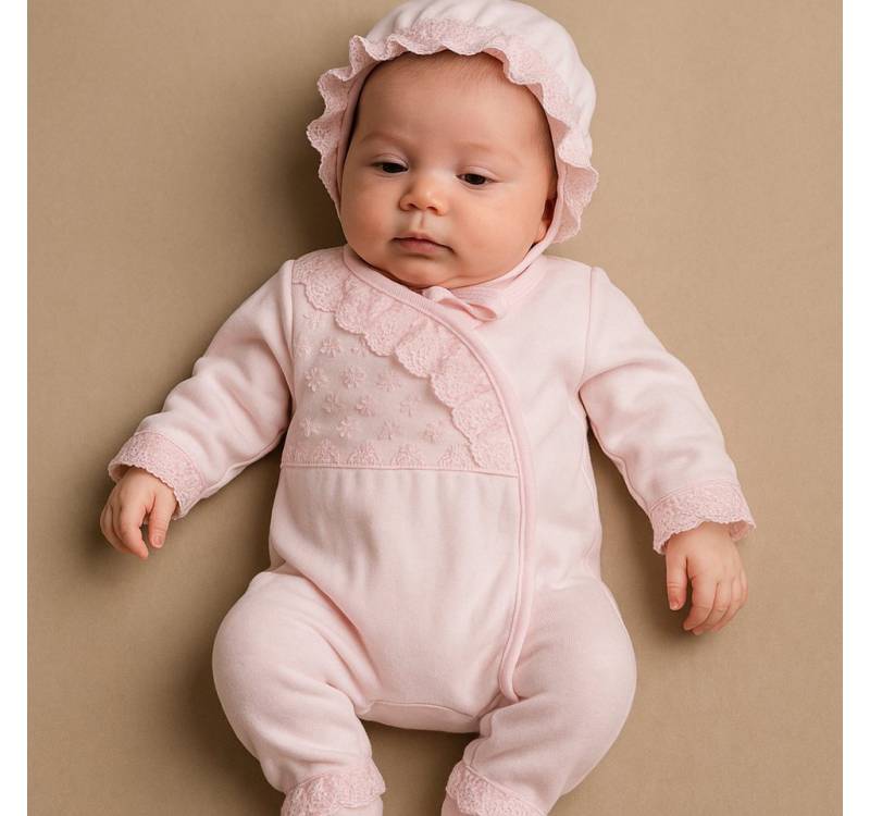 Lorey Medtec Strampler Baby Mädchen Strampler mit Fuß + Mütze, 100% Baumwolle, Spitze (Strampler + Mütze) von Lorey Medtec