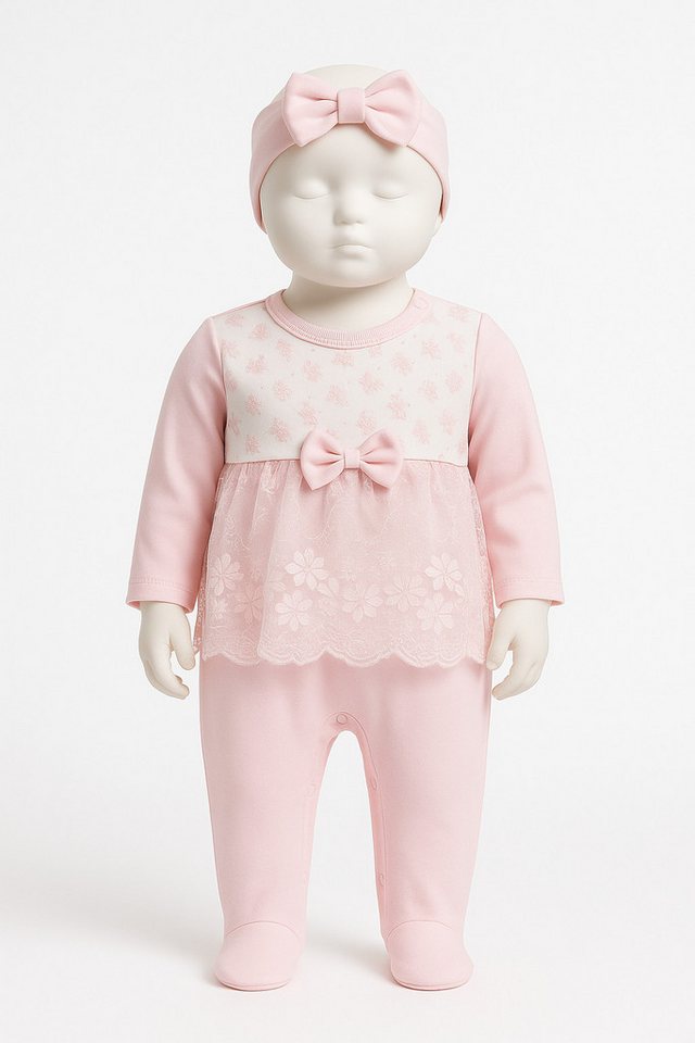 Lorey Medtec Strampler Mädchen Set Strampler mit Fuß + Stirnband, Rosa/Weiß, 100% Baumwolle von Lorey Medtec