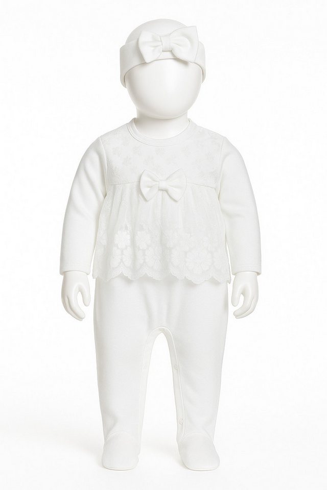 Lorey Medtec Strampler Mädchen Set Strampler mit Fuß + Stirnband, Rosa/Weiß, 100% Baumwolle von Lorey Medtec