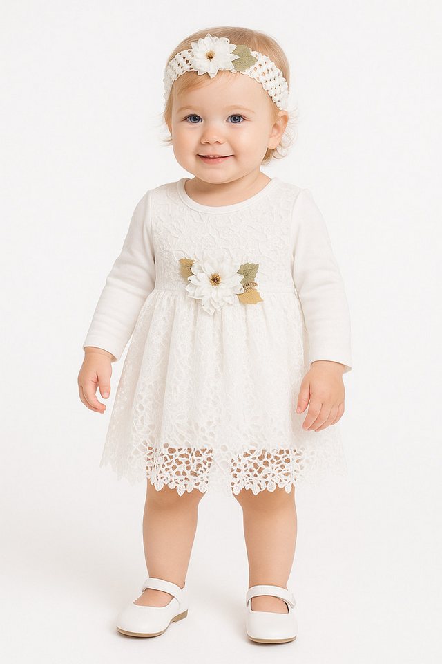 Lorey Medtec Taufkleid Festliches Baby-Kleid mit Spitze & Stirnband – 100 % Baumwolle, Weiß (Kleid + Stirnband) Spitze von Lorey Medtec