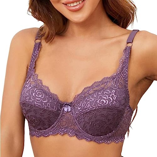 LoriEr Damen BH aus floraler Spitze Lace BH Bügel BH Ungepolstert Soft Cup Vollschalen Übergröße Ungefüttert Minimizer Drahtlose BHS mit Stickspitze Violet 85C von LoRier