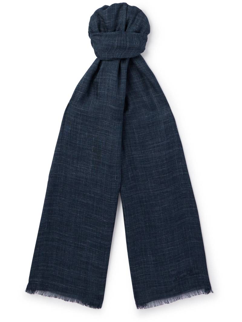 Loro Piana - Mitoku Logo-Embroidered Slub Silk and Linen-Blend Scarf - Men - Blue von Loro Piana