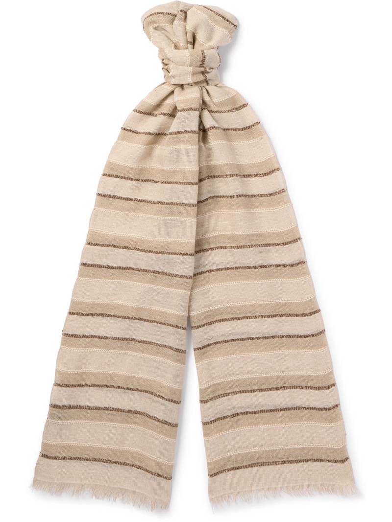 Loro Piana - Nakaumi Frayed Striped Silk, Linen and Cotton-Blend Scarf - Men - Neutrals von Loro Piana