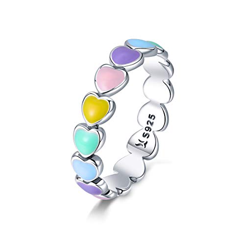 Lorrifal 925 Sterling Silber Weißvergoldet Regenbogen Herz Statement Ring Schmuck Geschenk für Frauen Mädchen Jahrestag Ringgröße 6 von Lorrifal