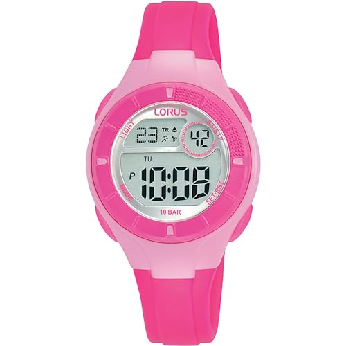 Lorus Digitale Multifunktionsuhr für Kinder, 100 m (31 mm), digitales Zifferblatt/rosafarbenes PU-Armband R2345PX9 von Lorus