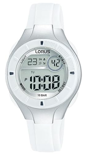 Lorus Digitale Multifunktionsuhr für Kinder, 100 m (31 mm), digitales Zifferblatt/weißes PU-Armband R2349PX9 von Lorus
