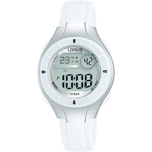Lorus Digitale Multifunktionsuhr für Kinder, 100 m (31 mm), digitales Zifferblatt/weißes PU-Armband R2349PX9 von Lorus