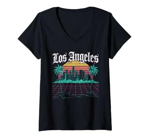Damen Los Angeles Tshirt Männer Frauen Kalifornien Retro Vintage T-Shirt mit V-Ausschnitt von Los Angeles Tshirt California LA Urlaubsreise