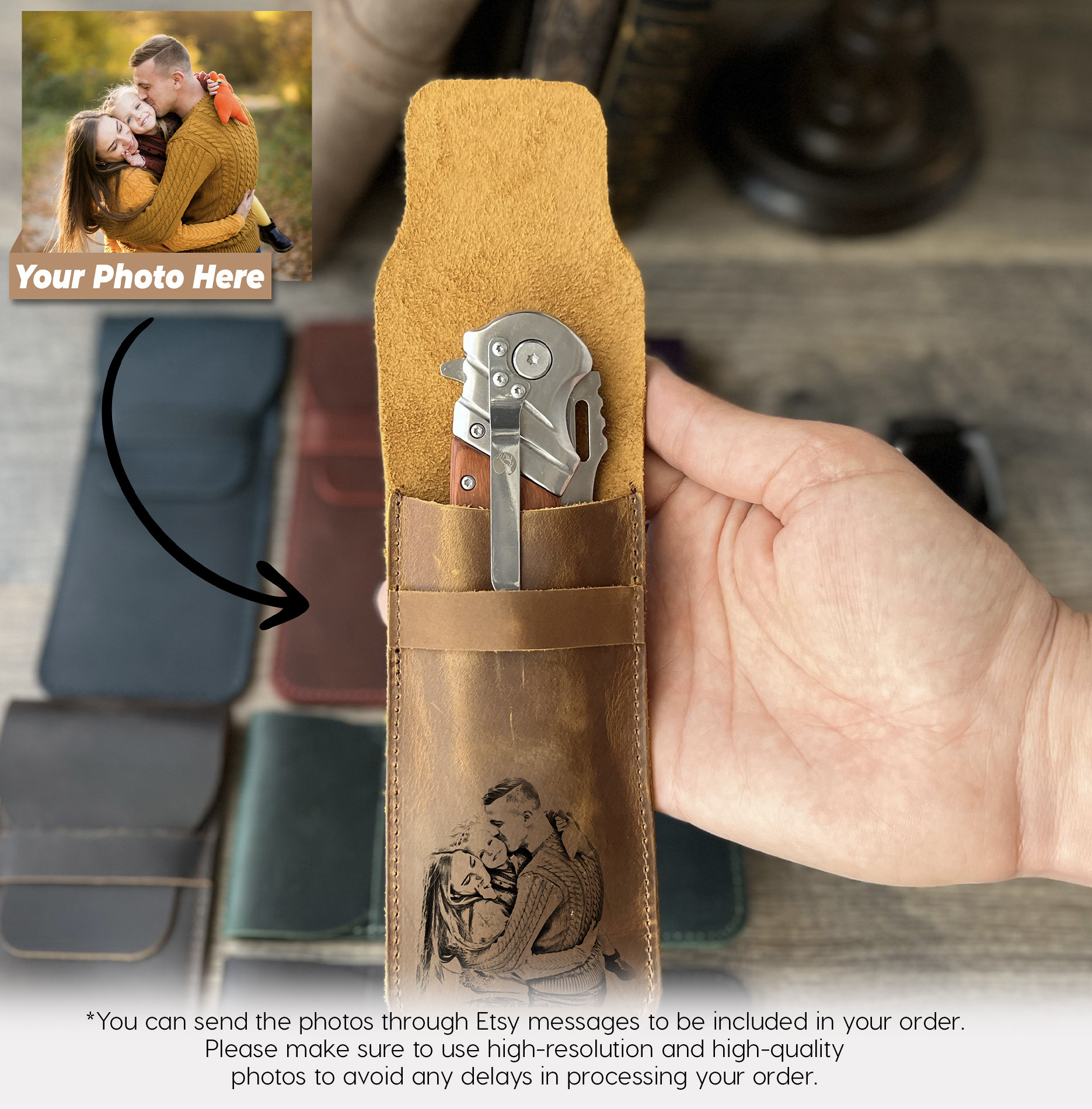 Benutzerdefinierte Bild Taschenmesser, Personalisierte Foto Taschenmesser Hülle, Vatertagsgeschenk, Gravierte Stifttasche, Leder Messer Slip von LosAngelesGift
