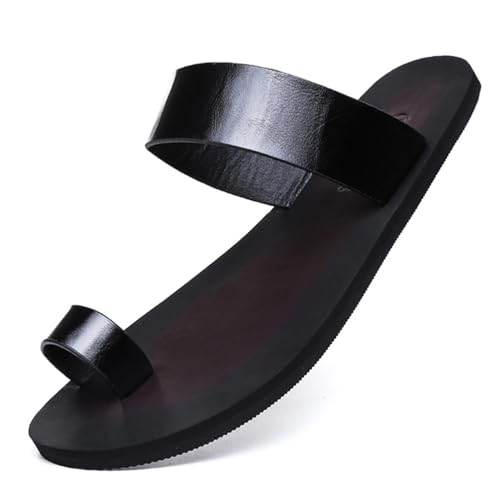 Lossarye Herren Schwarz PU Leder Flache Flip Flops Slide Sandalen Bequeme Zehenring Slip On Casual Thong Sandalen Sommer rutschfeste Strand Hausschuhe für Indoor Outdoor, Schwarz, 44.5 EU von Lossarye