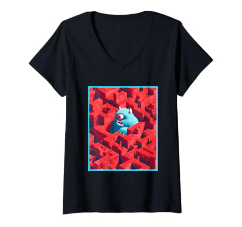 Damen Blaues Monster im roten Labyrinth T-Shirt mit V-Ausschnitt Damen Blaues Monster im roten Labyrinth T-Shirt mit V-Ausschnitt von Lost Critters Club