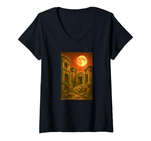 Damen Antiker Stil Ruinen unter rotem Mond Fantasie-Kunstwerk T-Shirt mit V-Ausschnitt Damen Antiker Stil Ruinen unter rotem Mond Fantasie-Kunstwerk T-Shirt mit V-Ausschnitt von Lost Empire