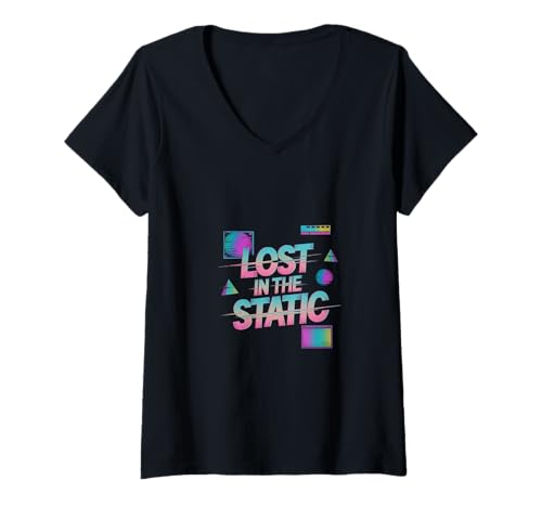 Damen Verloren in der statischen Retro-Vaporwave-Ästhetik T-Shirt mit V-Ausschnitt Damen Verloren in der statischen Retro-Vaporwave-Ästhetik T-Shirt mit V-Ausschnitt von Lost in the Static Music Lovers Retro Graphic.