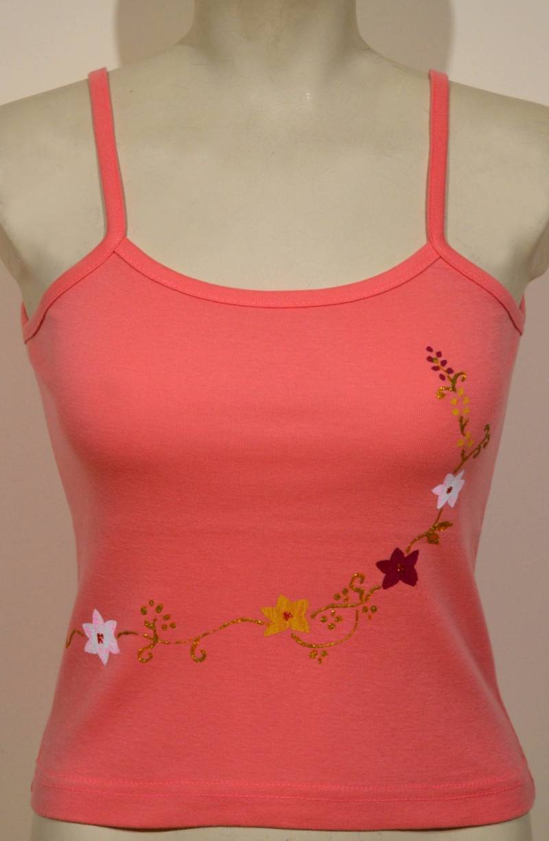 Handbemaltes Rosa Top, Blumen Und Gold Glitzer, Handbemalte Damen Bluse, Natur Blumenkunst, Geschenk Für Sie, Handgemachtes Top von LostGinger