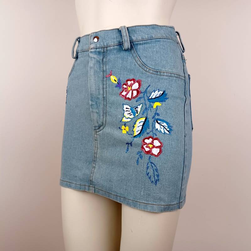 Jeansrock Blumen Und Schmetterlinge, Handbemalter Jeansrock von LostGinger