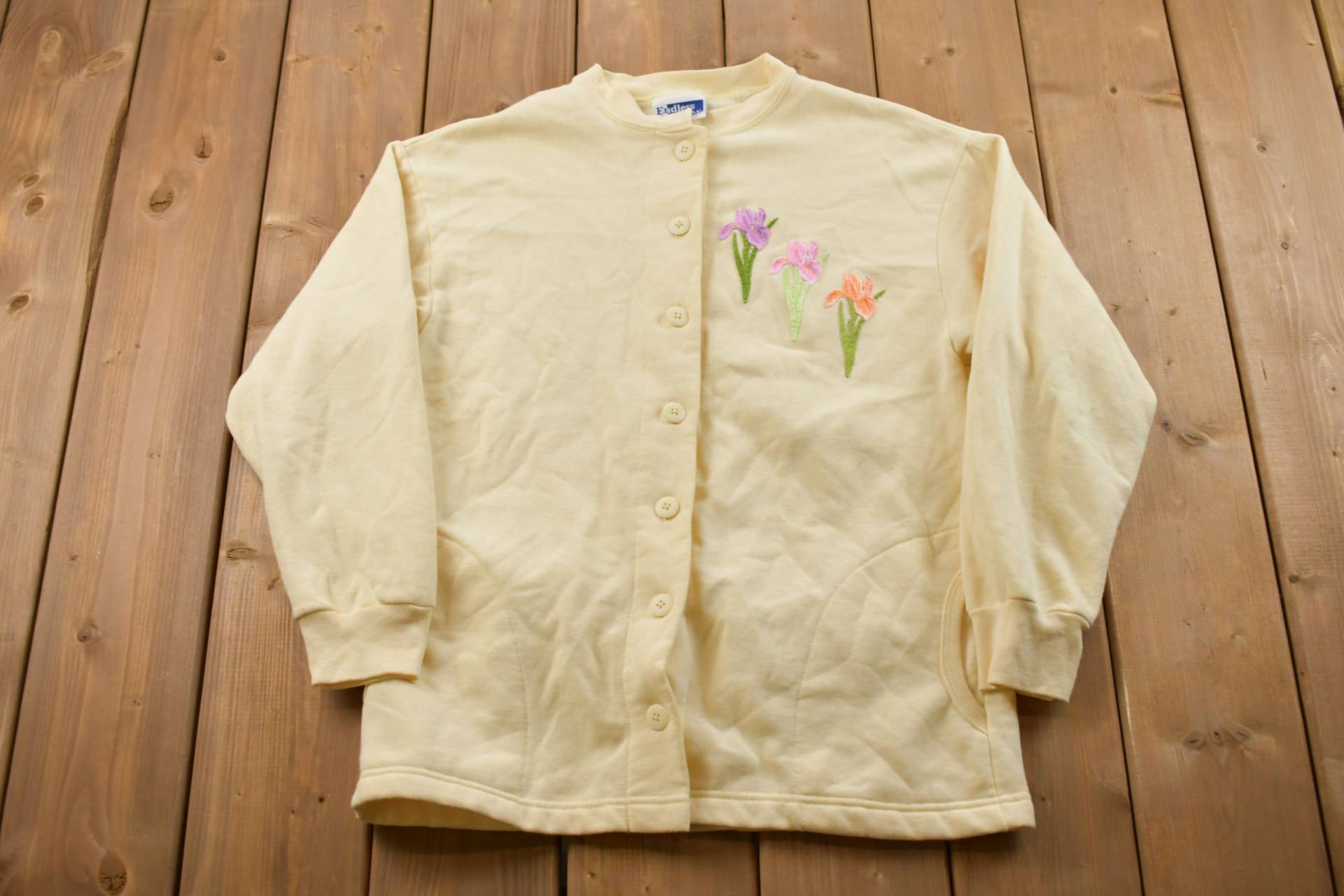 1990Er Blumen Bestickter Cardigan/Naturdruck Vintage Sweatshirt Tierdruck Wildnis Pullover von Lostboysvintage