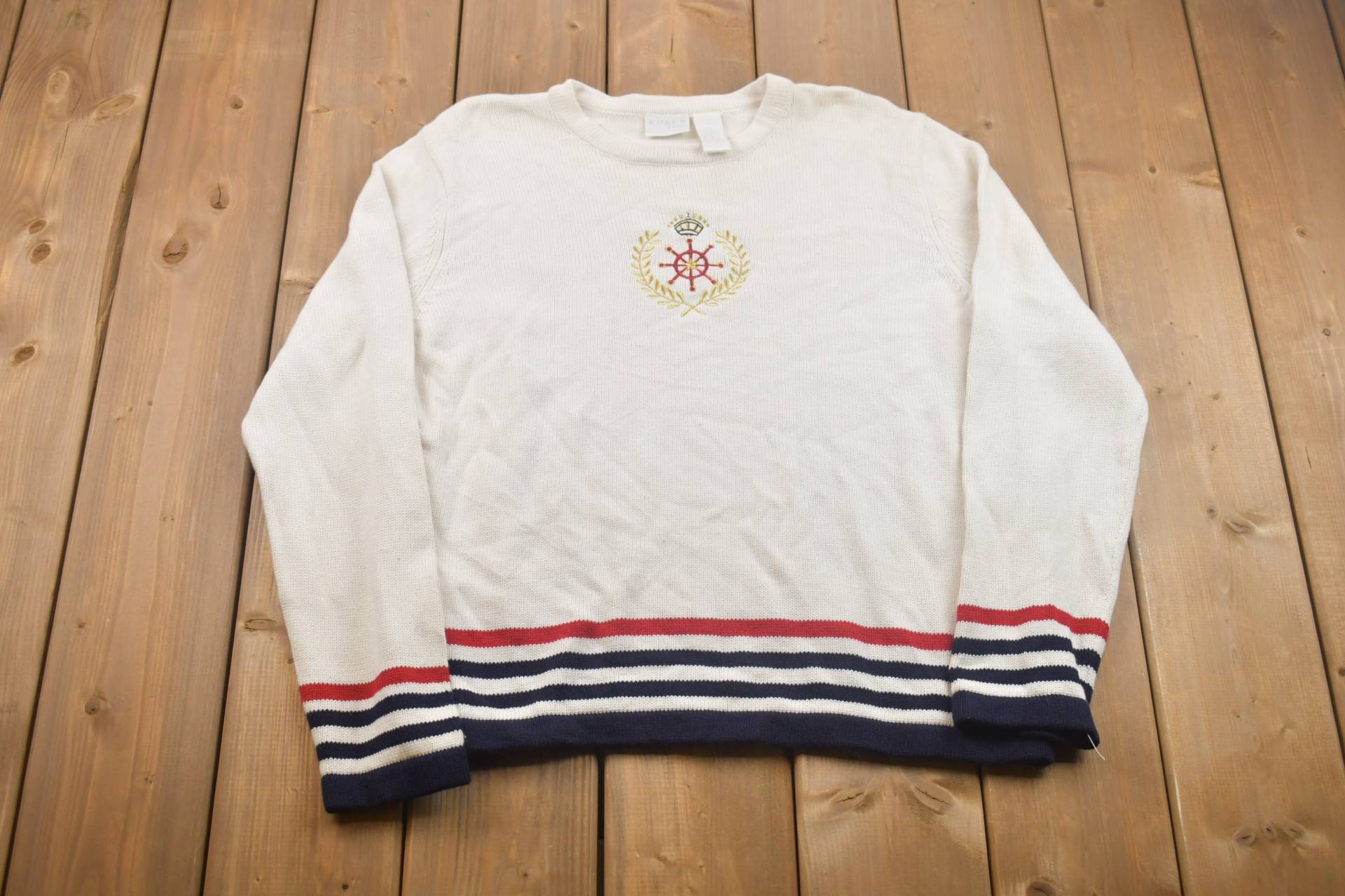 1990Er Jahre Vintage Koret Strickpullover/90Er Rundhals Musterpullover Outdoor Handgestrickt Pullover Sweatshirt Segeln Boote von Lostboysvintage