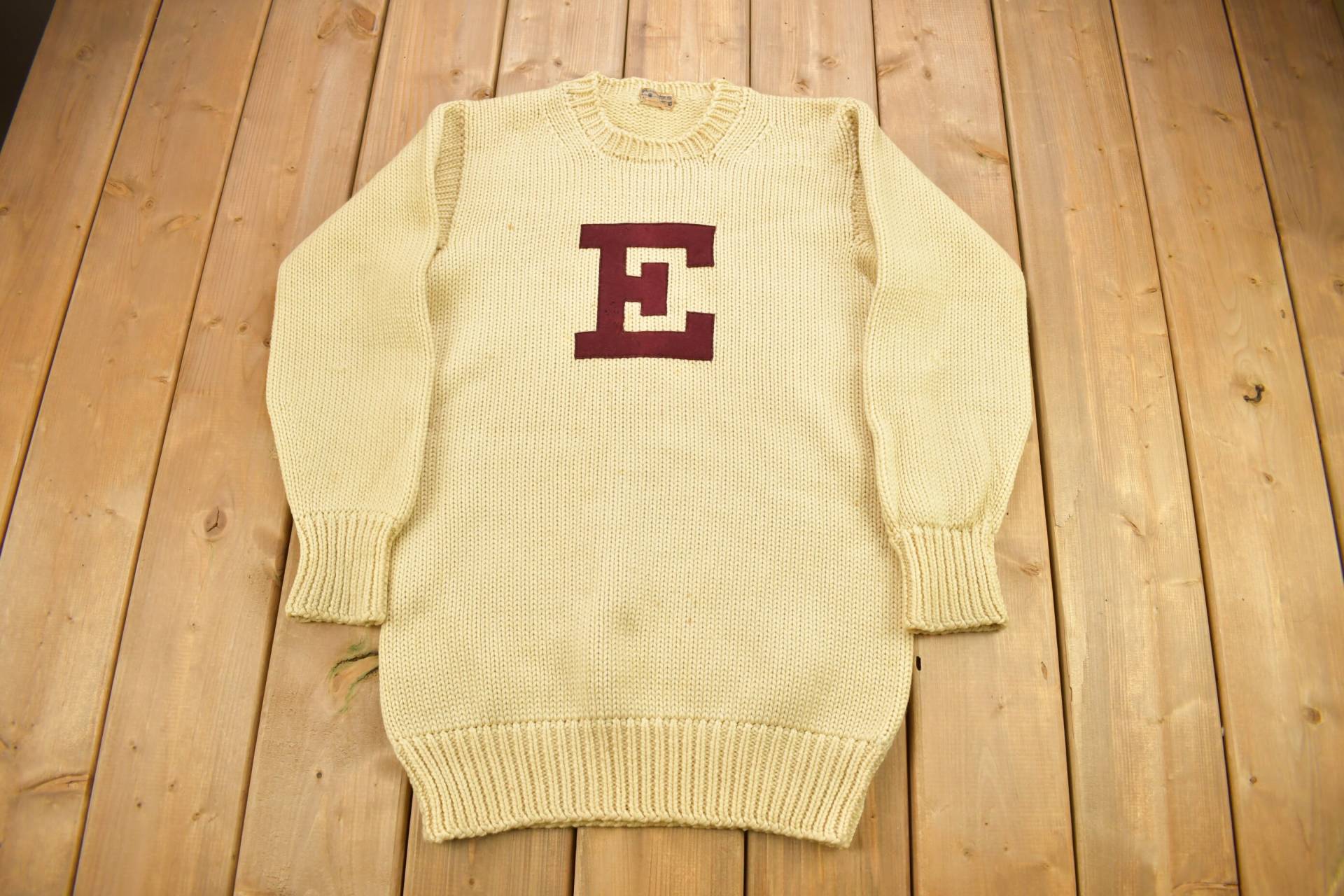 Vintage 1940Er Jahre 100 % Wolle College-strickpullover Mit Rundhalsausschnitt/„E" Sportlich Echter Hergestellt in Den Usa Handgestrickt von Lostboysvintage