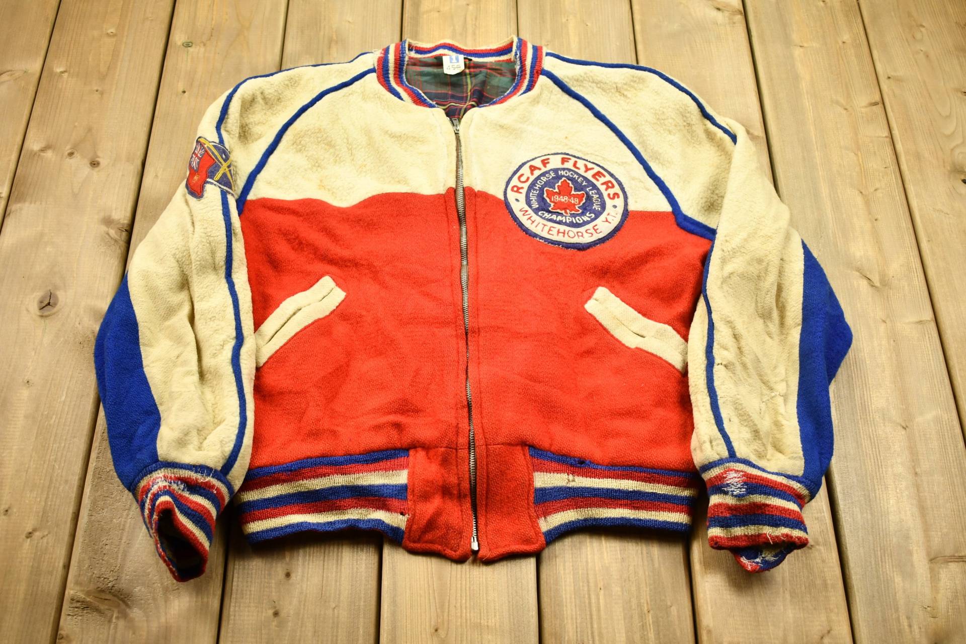 Jahrgang 1948 Whitehorse Hockey Varsity Jacke/Distressed Sportswear Rcaf Flyer Zip Up Plaid Gefüttert 40Er Jahre von Lostboysvintage