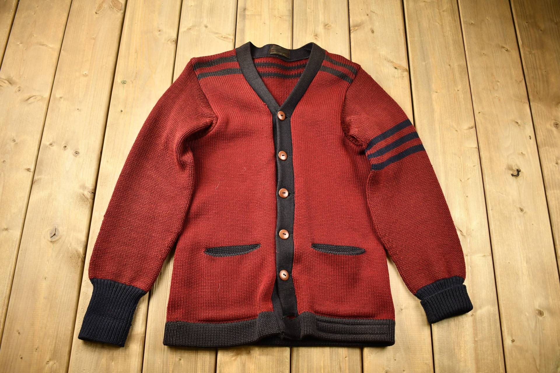 Vintage 1950Er Jahre Strickjacke Aus 100 % Wolle/Button Up 50Er Pullover True Made in Usa Farbblock von Lostboysvintage