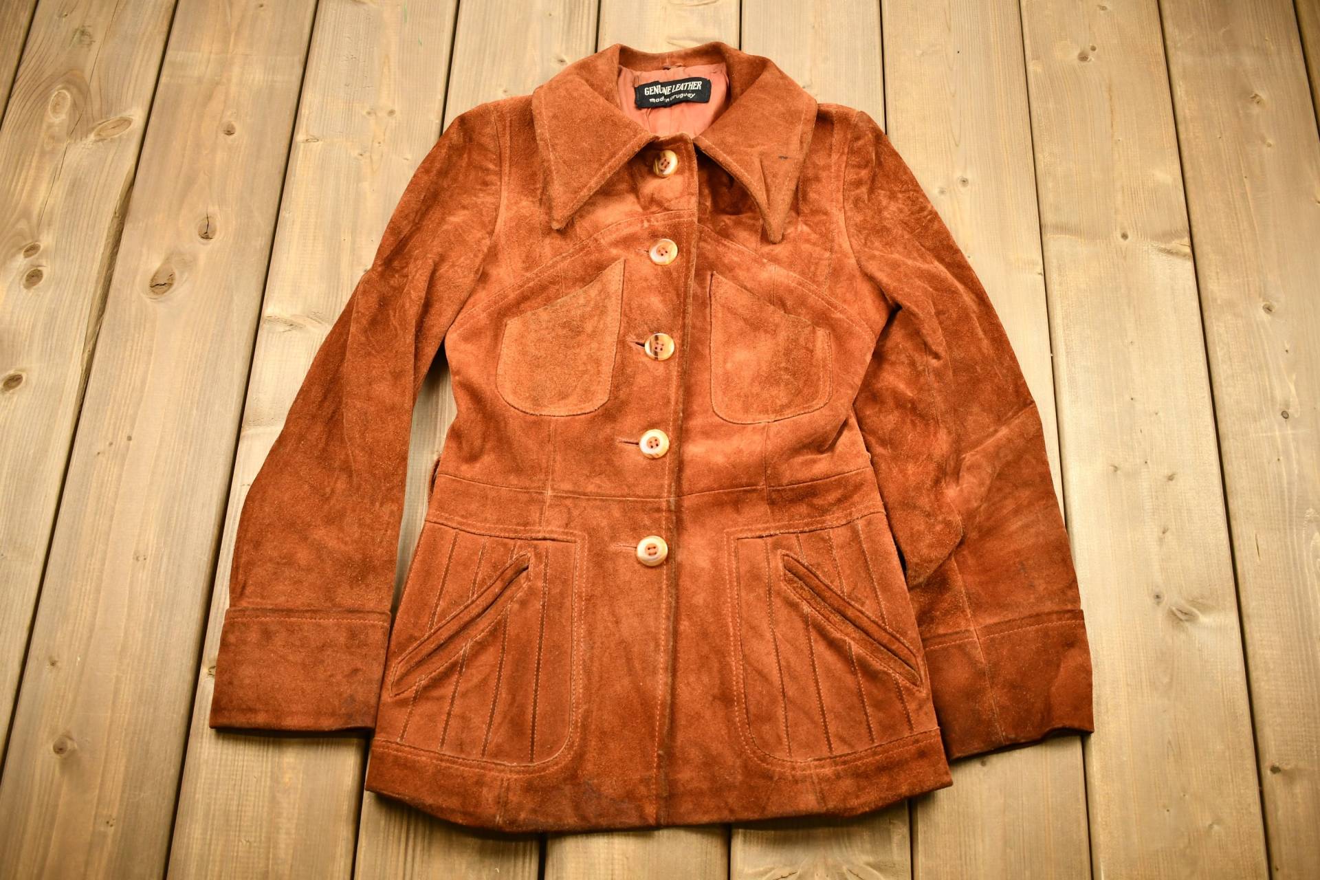 Vintage 1960Er Jahre Gebrannte Orangefarbene Wildlederjacke in Voller Länge/Echtleder Ledermantel Made Uruguay von Lostboysvintage