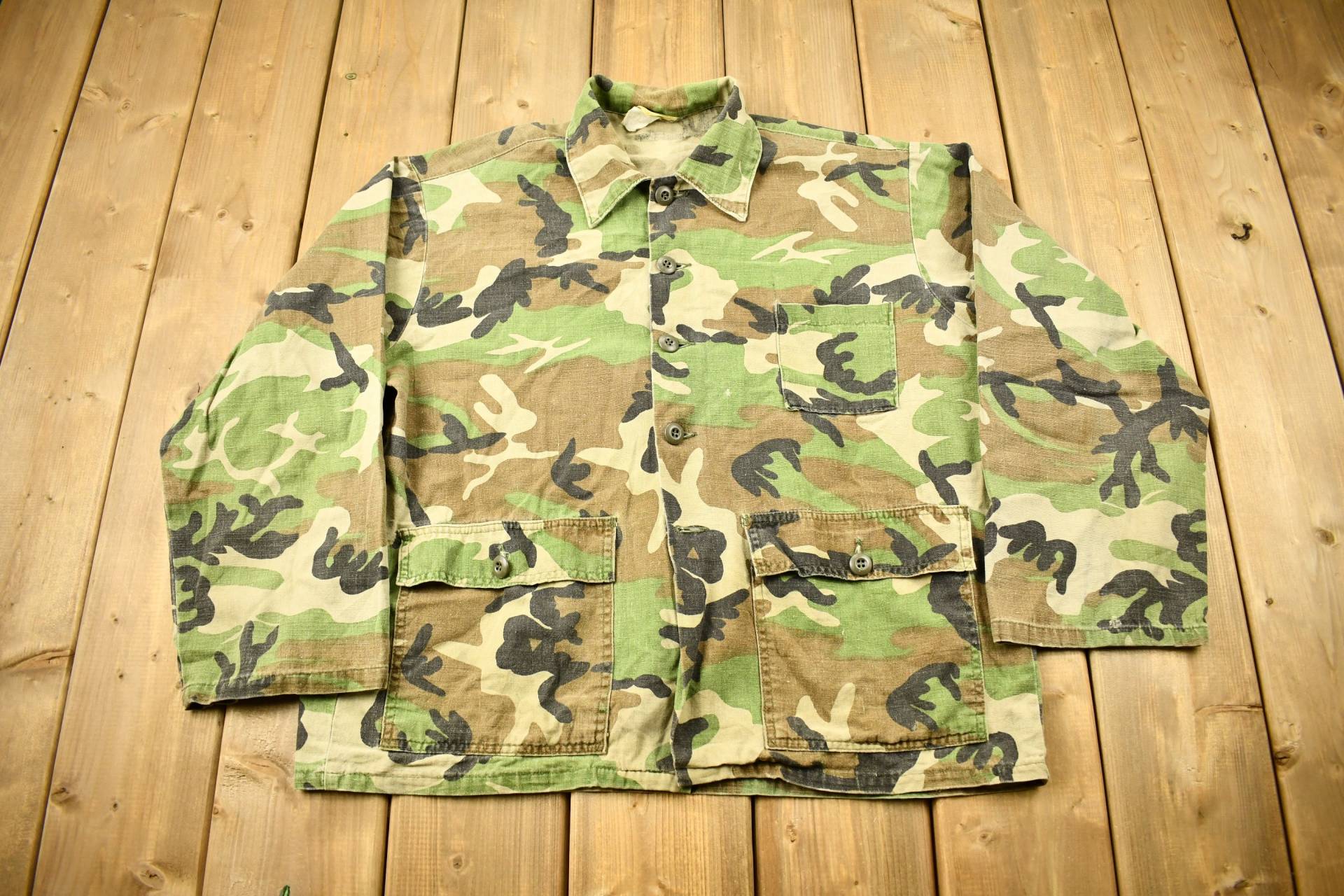 Vintage 1970Er Jahre Us Militär Button Up Camo Shirt/Made in Usa Armee Grün Streetwear Fashion Armeejacke Militaria von Lostboysvintage