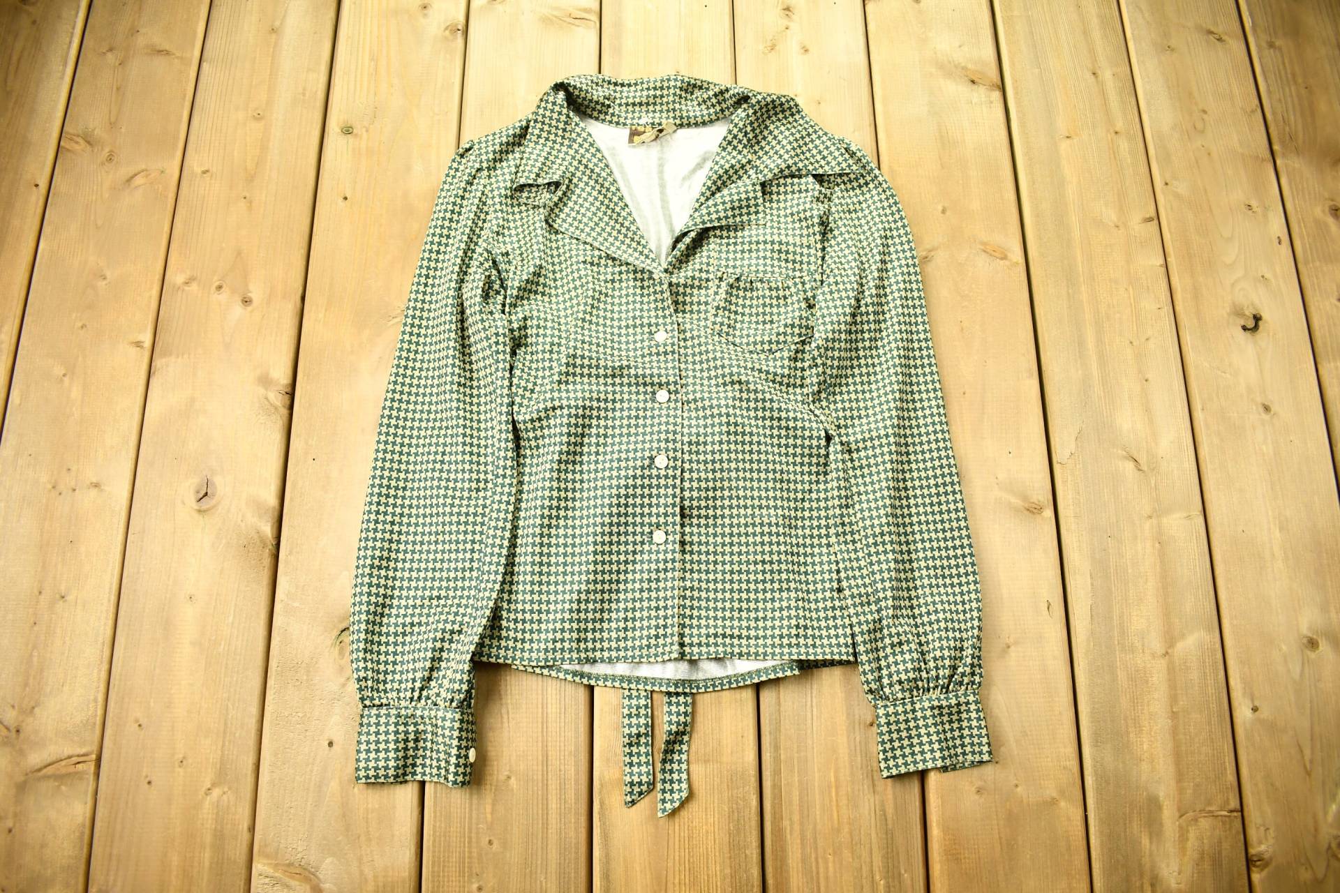 Vintage 1970S Hounds Tooth Button Up Bluse/70Er Jahre True Abstraktes Muster Freizeithemd Top Bottom von Lostboysvintage